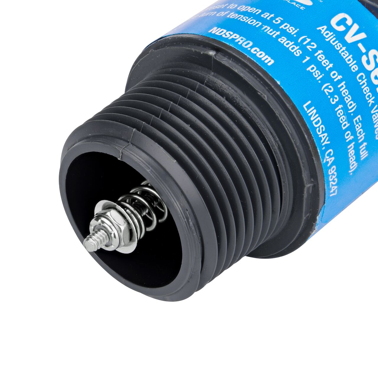 Closeup of MPT end with needle point spring on the NDS Gray 1 in. IPS MPT X FPT PVC Adjustable Inline Spring Check Valve (NDS CV-1000-MF)