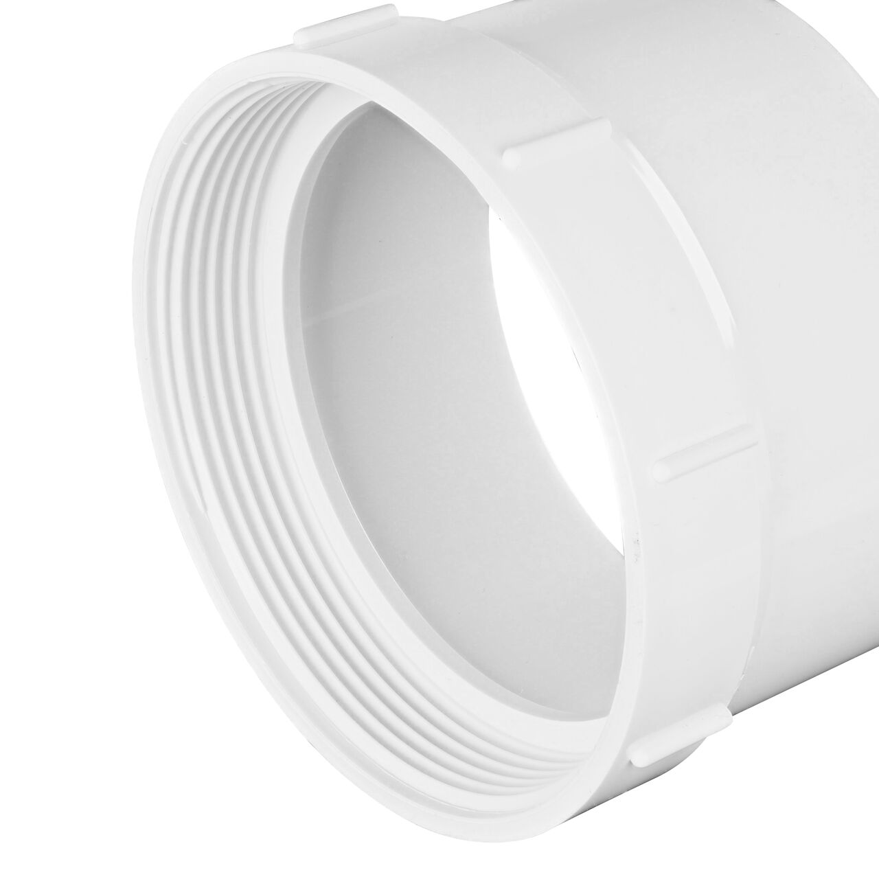 Closeup of the threaded end of the NDS 4 in. PVC Female Adapter (NDS 4P11*, NDS 4P11)