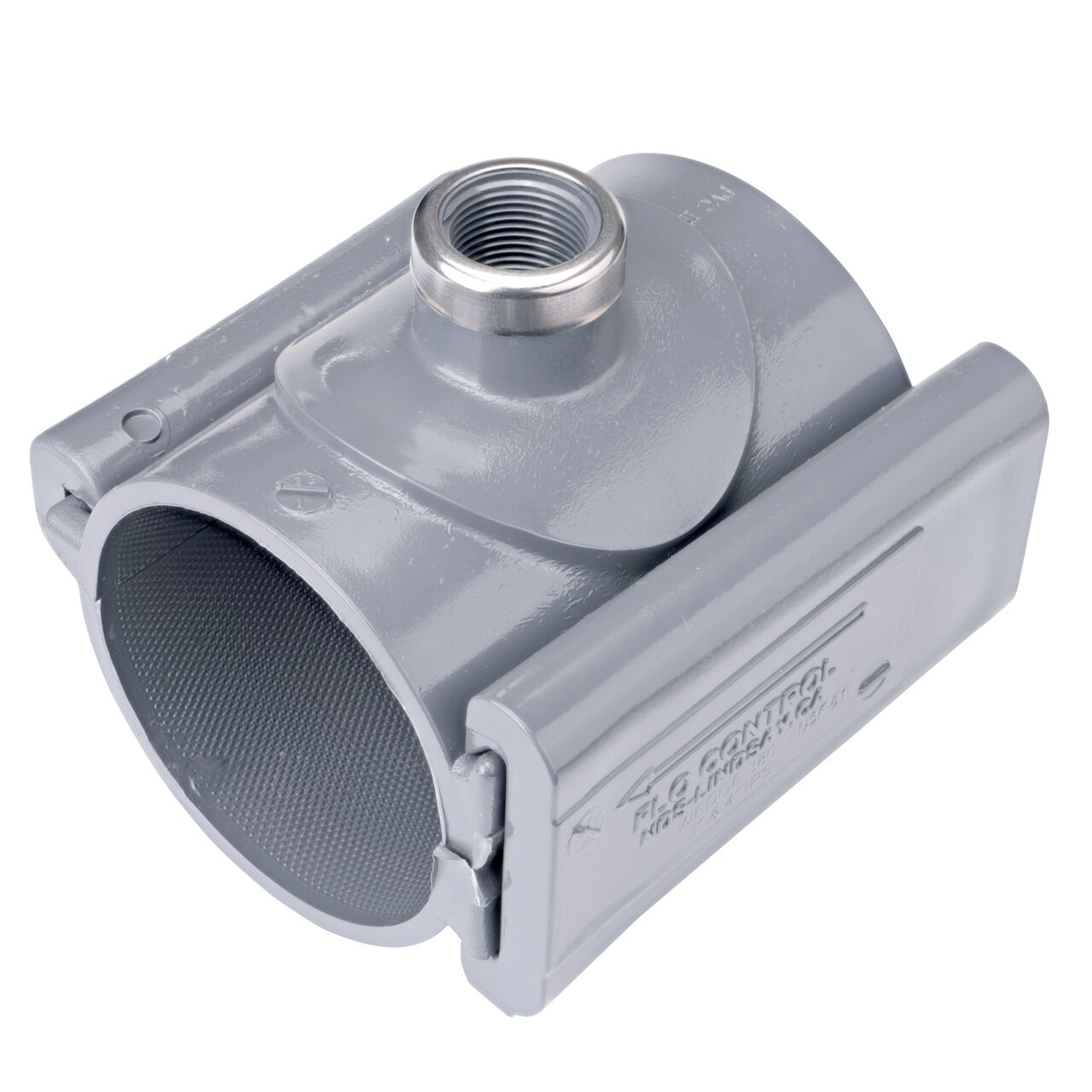 The 3/4 in. FPT outlet at the top of the NDS Clamp-It™ Rigid PVC Saddle (NDS 443007) for 3 in. PVC pipe adds a riser or sprinkler to an existing pipeline for agricultural or mining applications