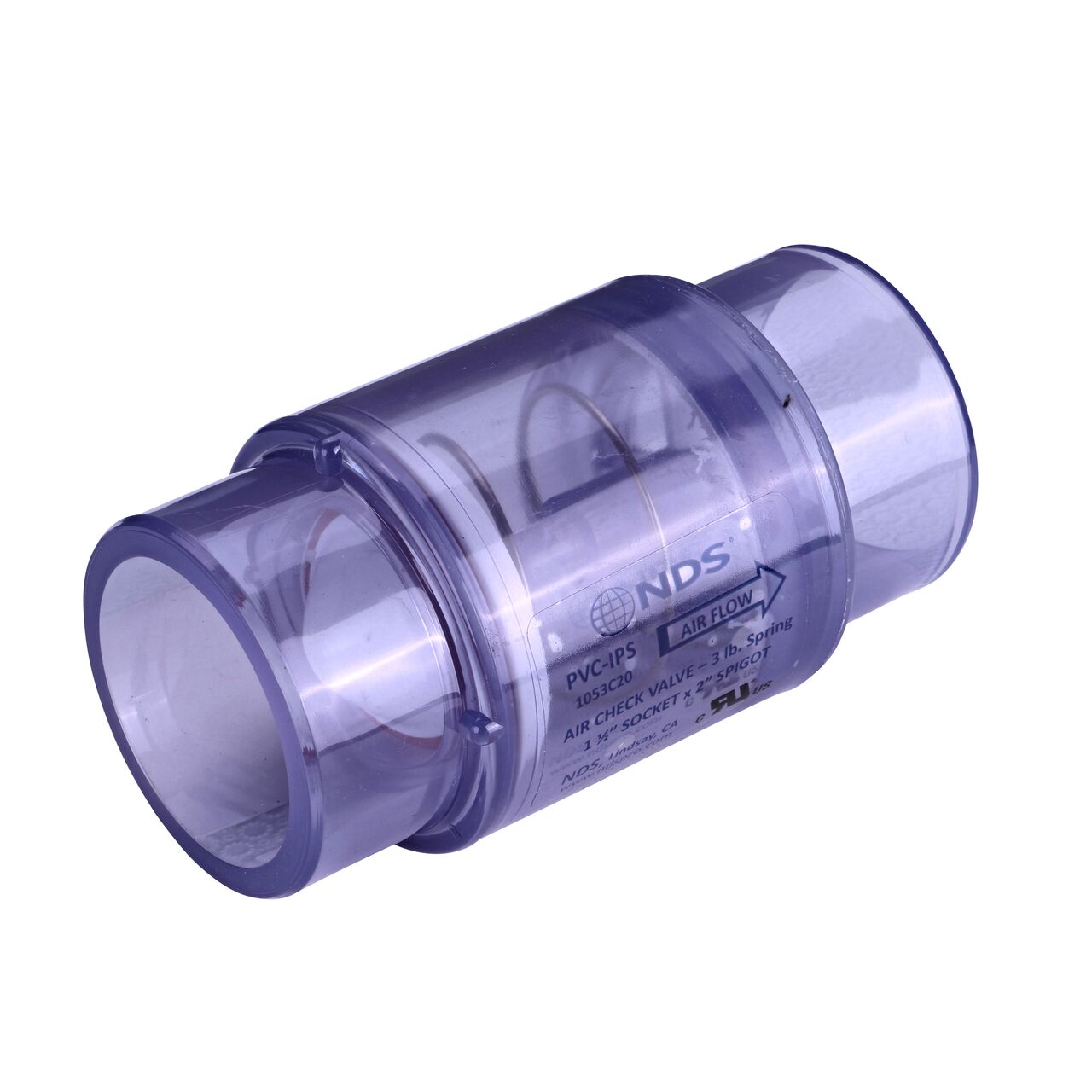 NDS Clear 1-1/2 in. slip end by 2 in. spigot end PVC Air Check Valve with 3 lb. spring (NDS 1053C20)