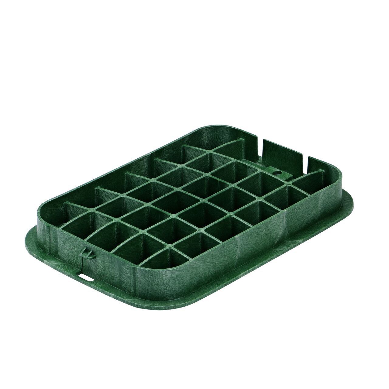 Bottom view of the reinforced ribs on the NDS 14 in. X 19 in. Green Sewer cover (NDS 314CS) that fits the NDS 14 in. X 19 in. Pro-Spec® Series Valve Box