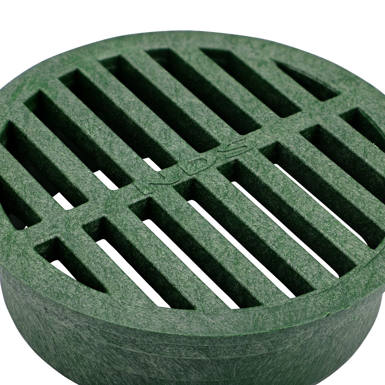 Closeup of the NDS 4 in. Round Grate, made of green plastic (NDS 13*, NDS 13)