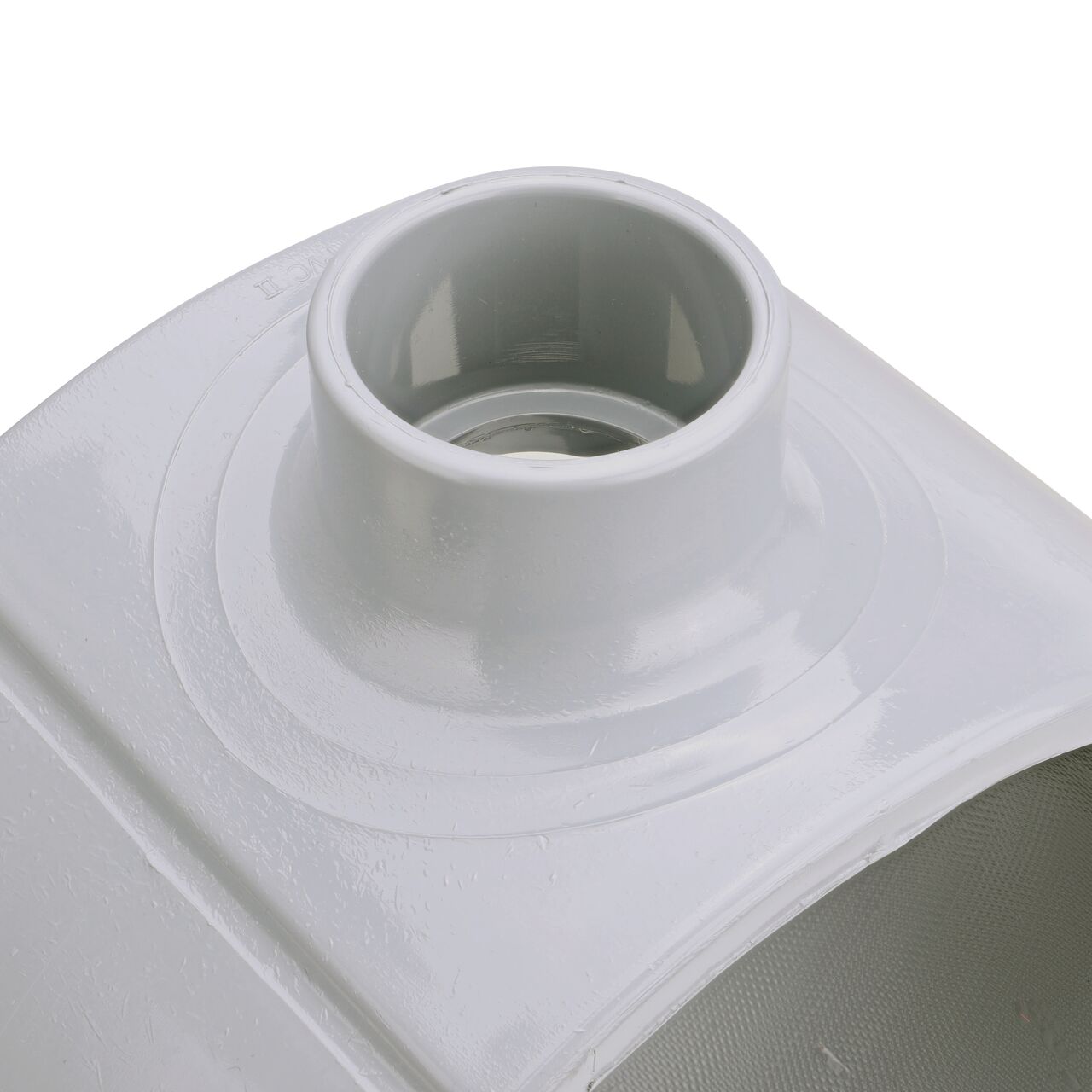 Closeup of the 1-1/2 in. slip connection on the NDS Clamp-It™ Rigid PVC Saddle (NDS 458015) for 8 in. PVC pipe