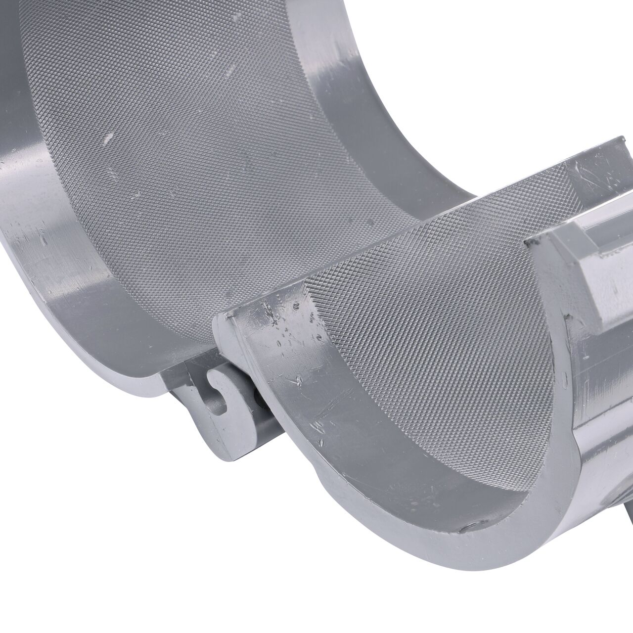 Closeup of the hinge open on the NDS Clamp-It™ Rigid PVC Saddle with 3/4 in. FPT connection on top (NDS 444007) for 4 in. PVC pipe