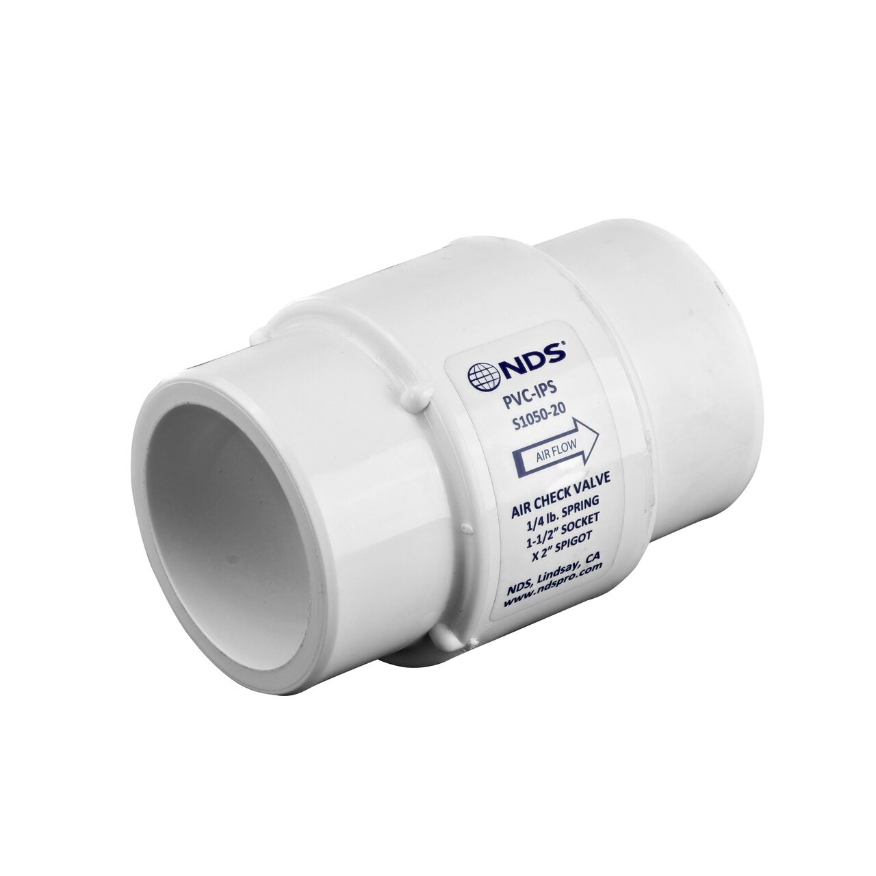 NDS White 1-1/2 in. IPS S x 2 in. Spigot PVC Air Check Valve (NDS S1050-20) conveys water flow one-way through pipe and prevents backflow