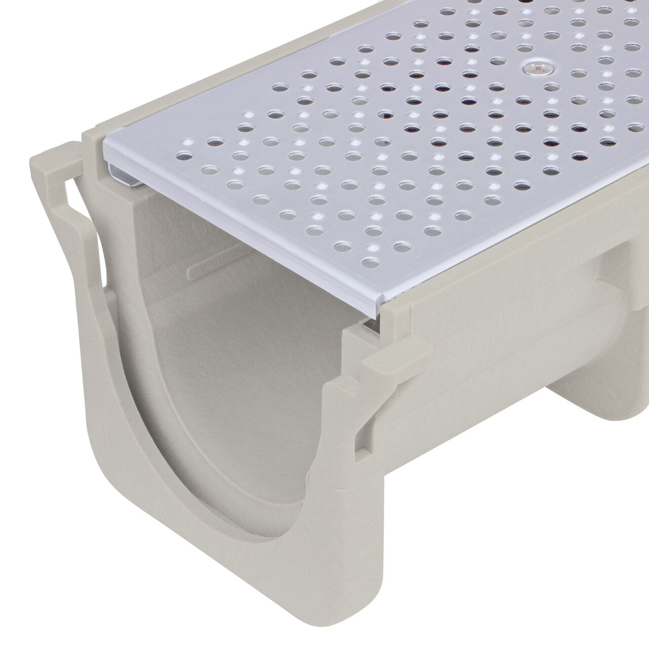 Close up on the female end of the NDS Dura Slope Stainless Steel Perforated Channel Grate (NDS DS-226) and drain (NDS DS-091)