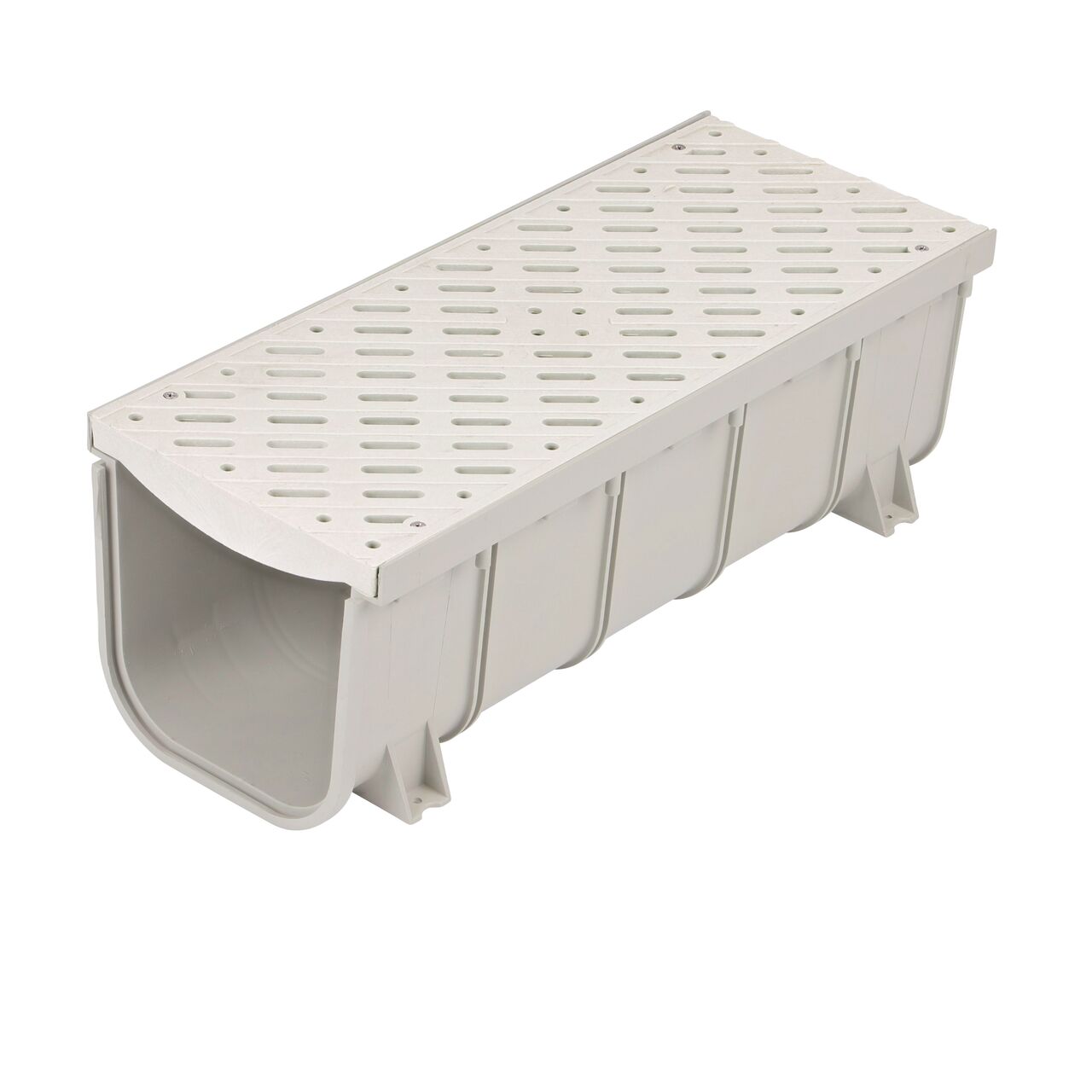 One 8 in. Pro Series Pedestrian Channel Drain Grate (NDS 836) made of Light Gray Plastic fits on one 8 in. Pro Series Channel Drain, Deep Profile (NDS 830)