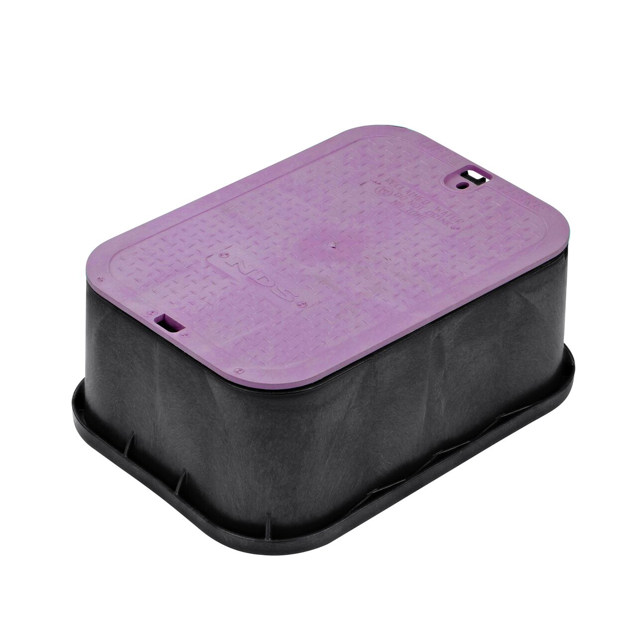 The NDS 14 X 19 in. Rectangular Standard Series Valve Box Extension and Cover is a 6-3/4 in. high Black Box and Purple Cover with Reclaimed Water markings on the Overlapping lid (NDS 115BCR) and protects underground irrigation and sprinkler system components and keeps them out of sight