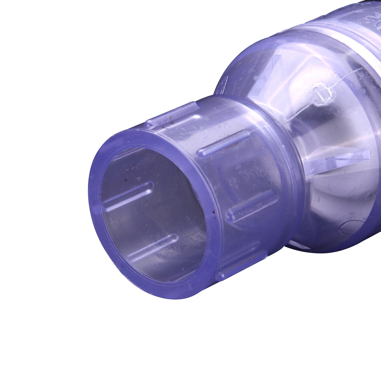 Closeup of the slip end of the NDS Clear 1 in. slip end by slip end PVC Spring Check Valve (NDS 1011C10)