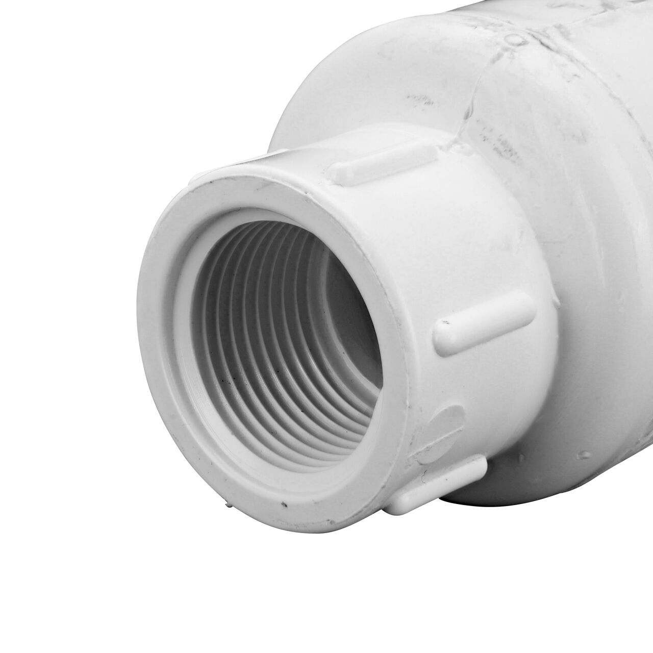 Closeup of the inlet end on the NDS White 3/4 in. female end by female end PVC Swing Check Valve (NDS 1520-07F) which prevents backflow in pipelines