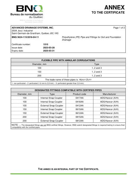 BNQ 3624-115 Polyethylene Pipe and Fittings ANNEX