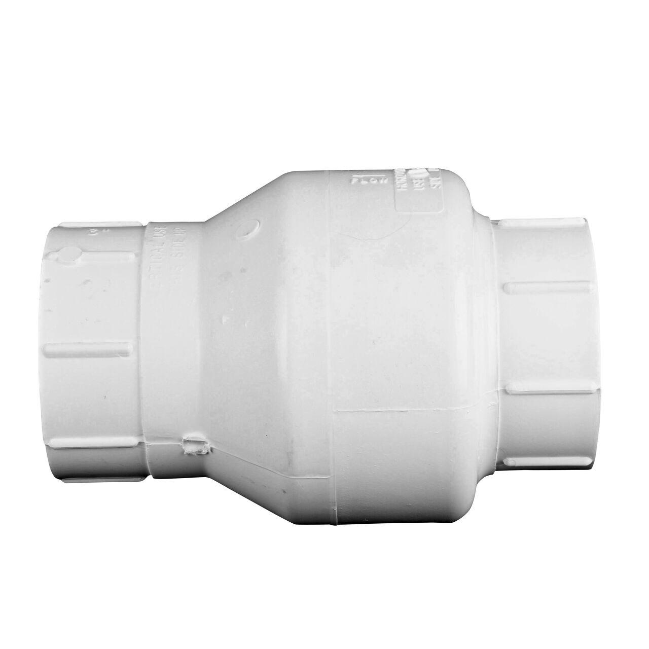 Side to side view of the NDS White 3 in. slip end by slip end PVC Swing Check Valve (NDS 1520-30) which prevents backflow in pipelines