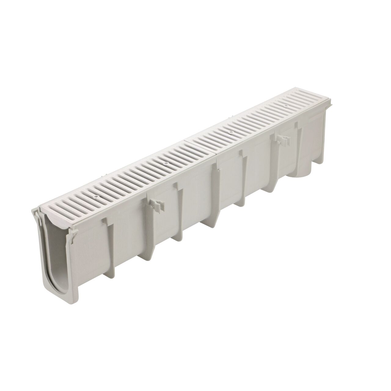 The NDS 9.37 in. to 9.70 in. Deep Dura Slope Channel (NDS DS-107) with two Standard Duraslope Light Gray Grate installed (NDS 661LG)