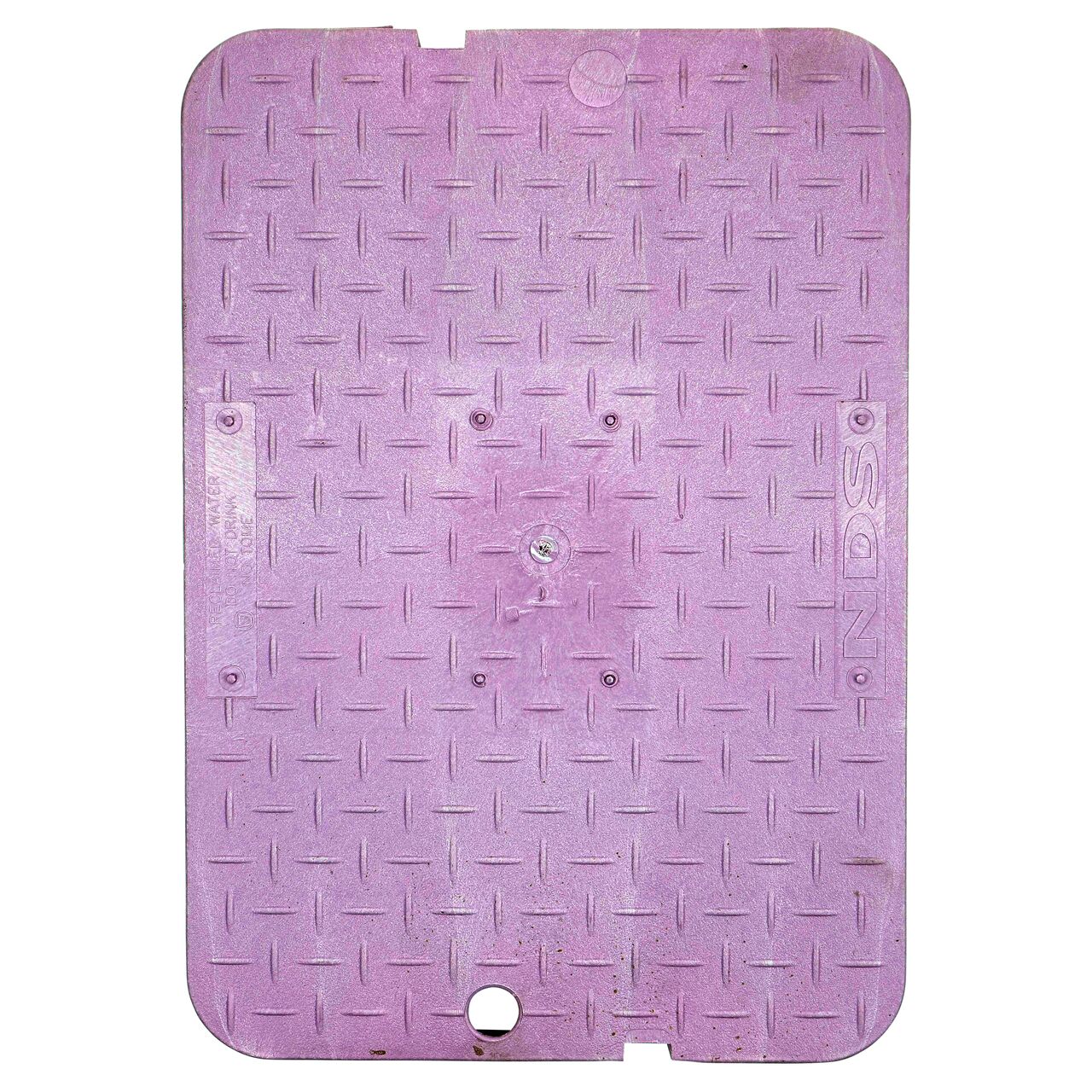 Top down view of the top side of the Purple Reclaimed Water Drop-in cover (NDS D1500-DISPL) for the NDS 13 in. X 20 in. Rectangular Standard Series meter box