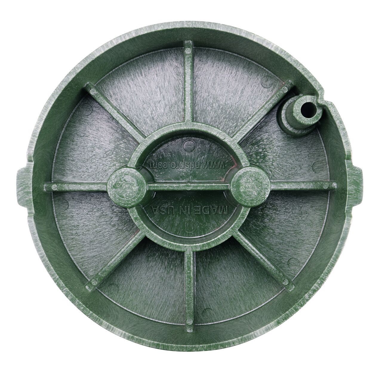 Top down view of the underside side of the Green Irrigation Control Valve cover for the NDS 10 in. Round Pro-Spec® Series (NDS 312BC) showing reinforcing ribs that are load rated to withstand pedestrian traffic and the rigors of lawn care equipment