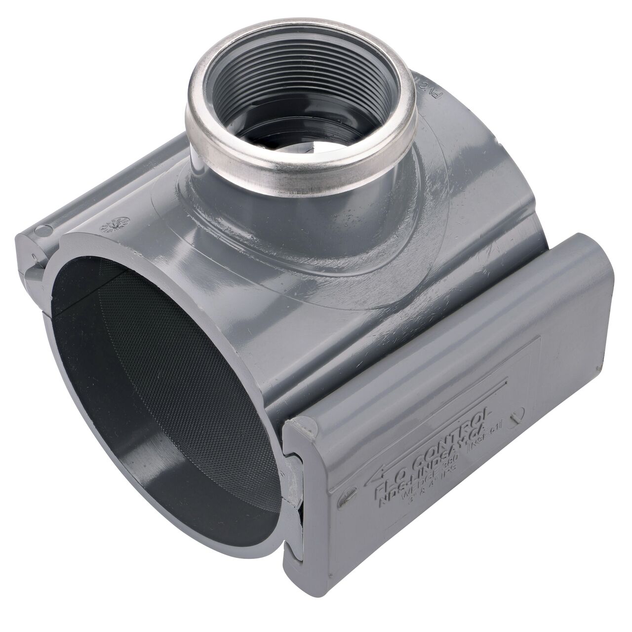 The 2 in. FPT outlet at the top of the NDS Clamp-It™ Rigid PVC Saddle (NDS 444020) for 4 in. PVC pipe adds a riser or sprinkler to an existing pipeline for agricultural or mining applications