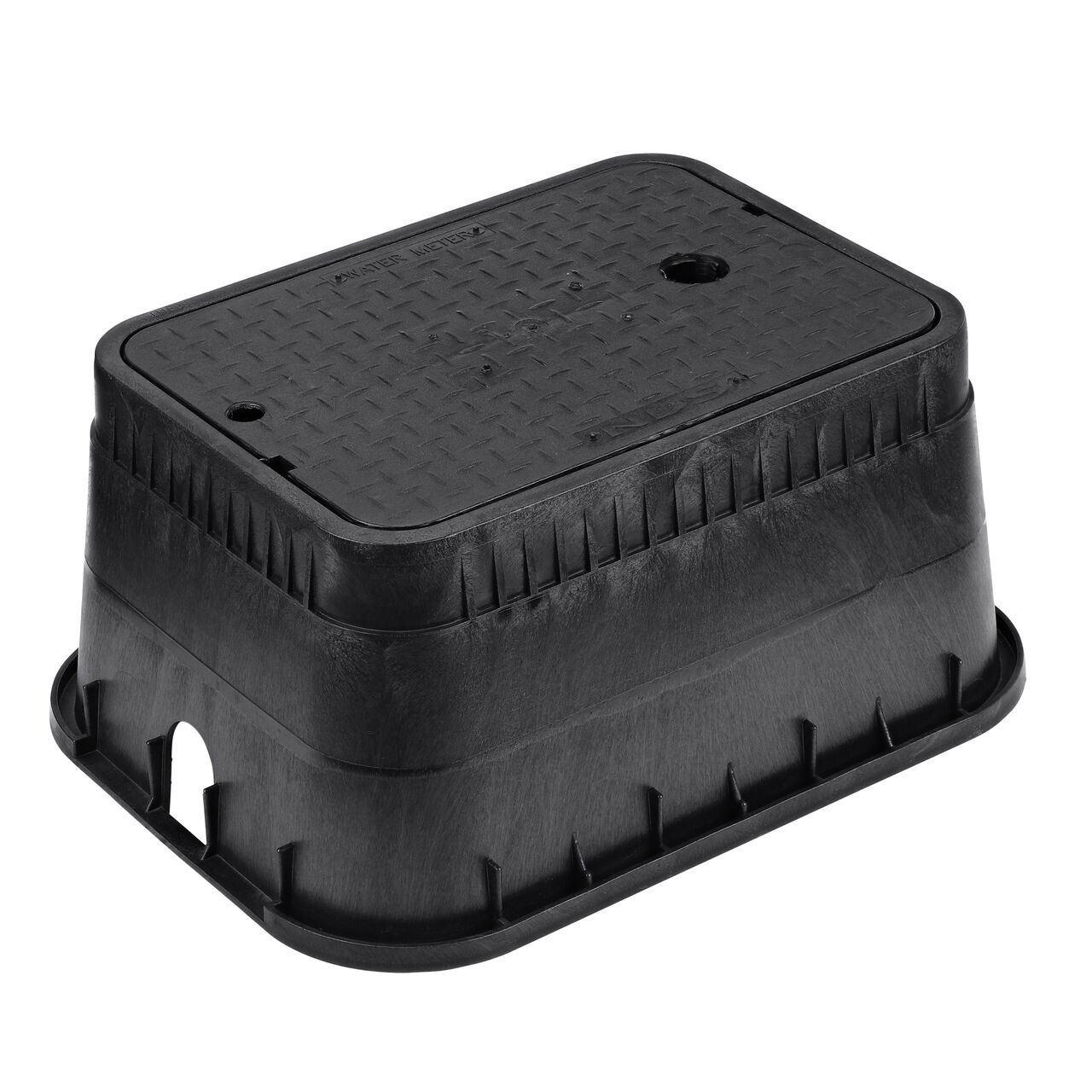 The NDS 13 in. X 20 in. Rectangular Standard Series Valve Box and Cover is a 12 in. high Black Box and Black Cover with Water Meter markings on the drop-in lid (NDS D1500-DISBTR) and includes a 2 in. touch reader hole for AMR devices