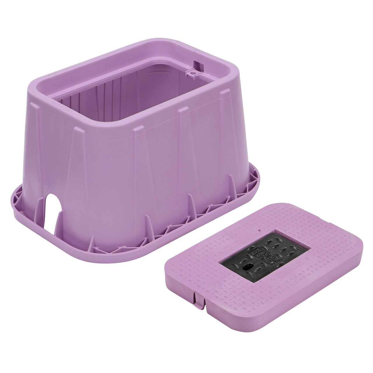 Unassembled View of the NDS 14 in. X 19 in. Rectangular Standard Series meter box with universal locking mechanism enabling a variety of bolts and screws to be used to secure the covers, and purple water meter Drop-in lid cover (NDS D1200P-DICIRP) with Cast Iron reader door
