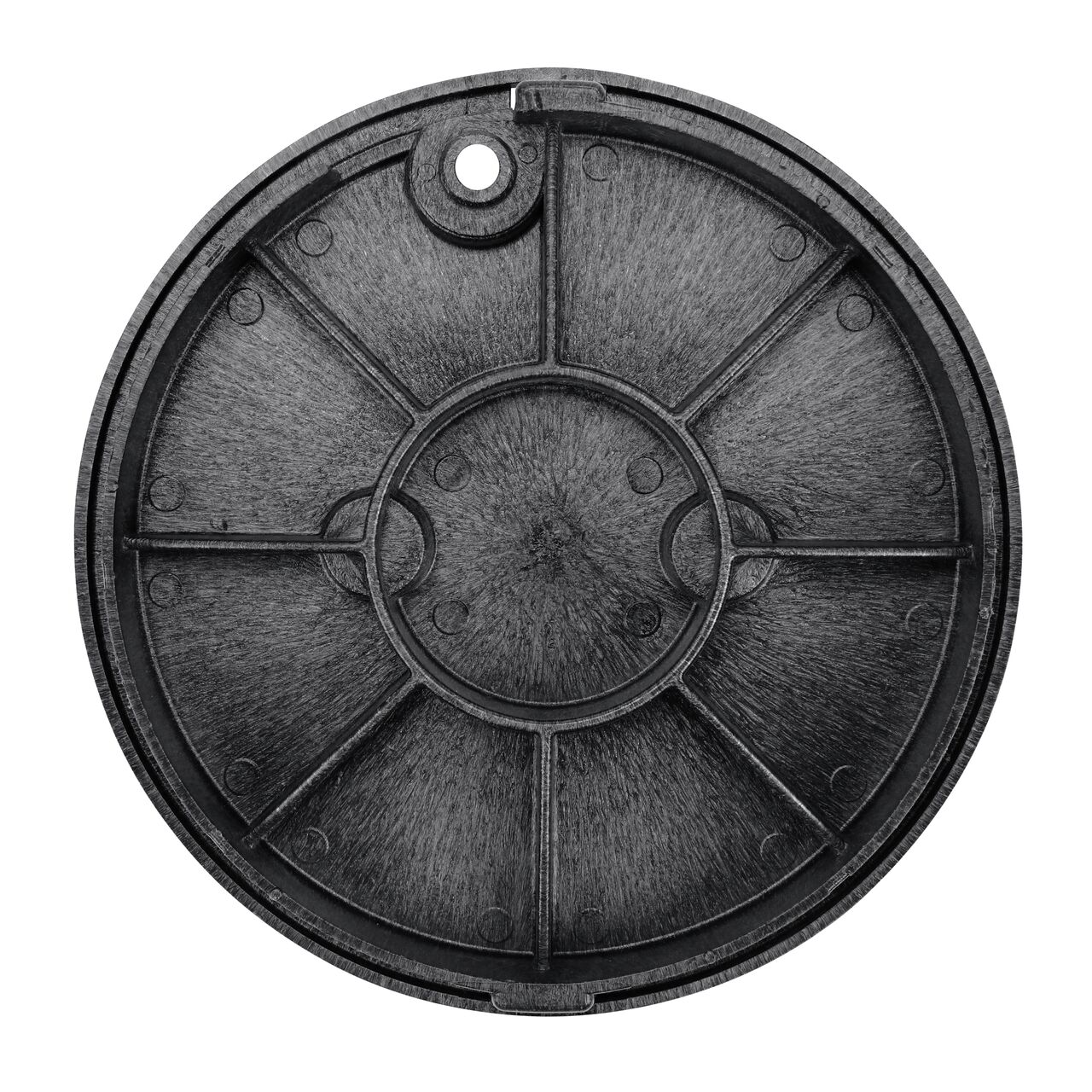 Top down view of the underside side of the Black Water cover for the NDS 10 in. Round Standard Series (NDS 111BCW) showing reinforcing ribs that are load rated to withstand pedestrian traffic and the rigors of lawn care equipment