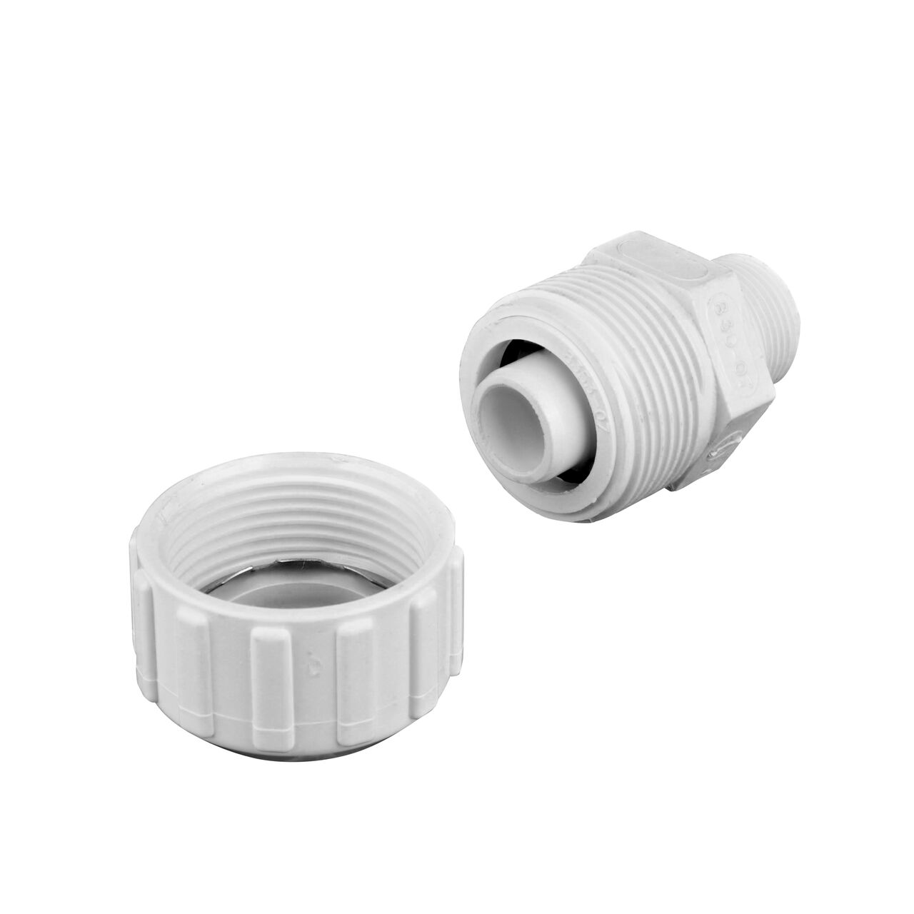 Unassembled NDS 3/4 in. SIDR-7 MPT X PE TS Flo-Lock™ Gripper Adapter showing where the two ends come apart to secure the adapter to the pipe (NDS 810-10)