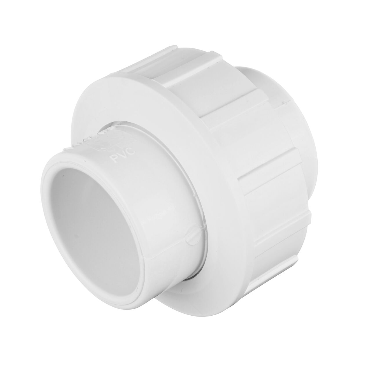 One end of the PVC Union, 1-1/4 in. Sch. 40 S X S which connects two 1-1/4 in. Sch. 40 pipes together to allow water to flow through while preventing leaks (NDS WU-1250-S)