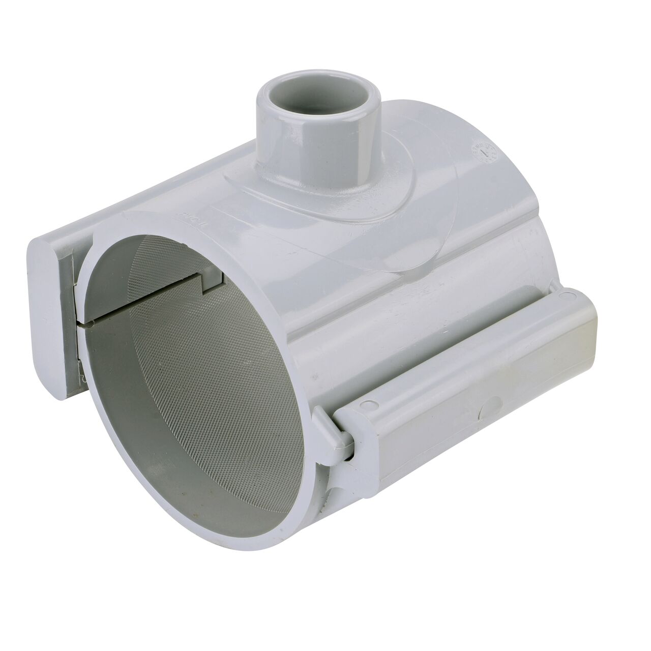 The NDS Clamp-It™ Rigid PVC Saddle with 1 in. slip connection on top (NDS 454010) for 4 in. PVC pipe has a patented wedge design on one side and hinge on the other to install a sprinkler irrigation system to existing pipe without any bolts