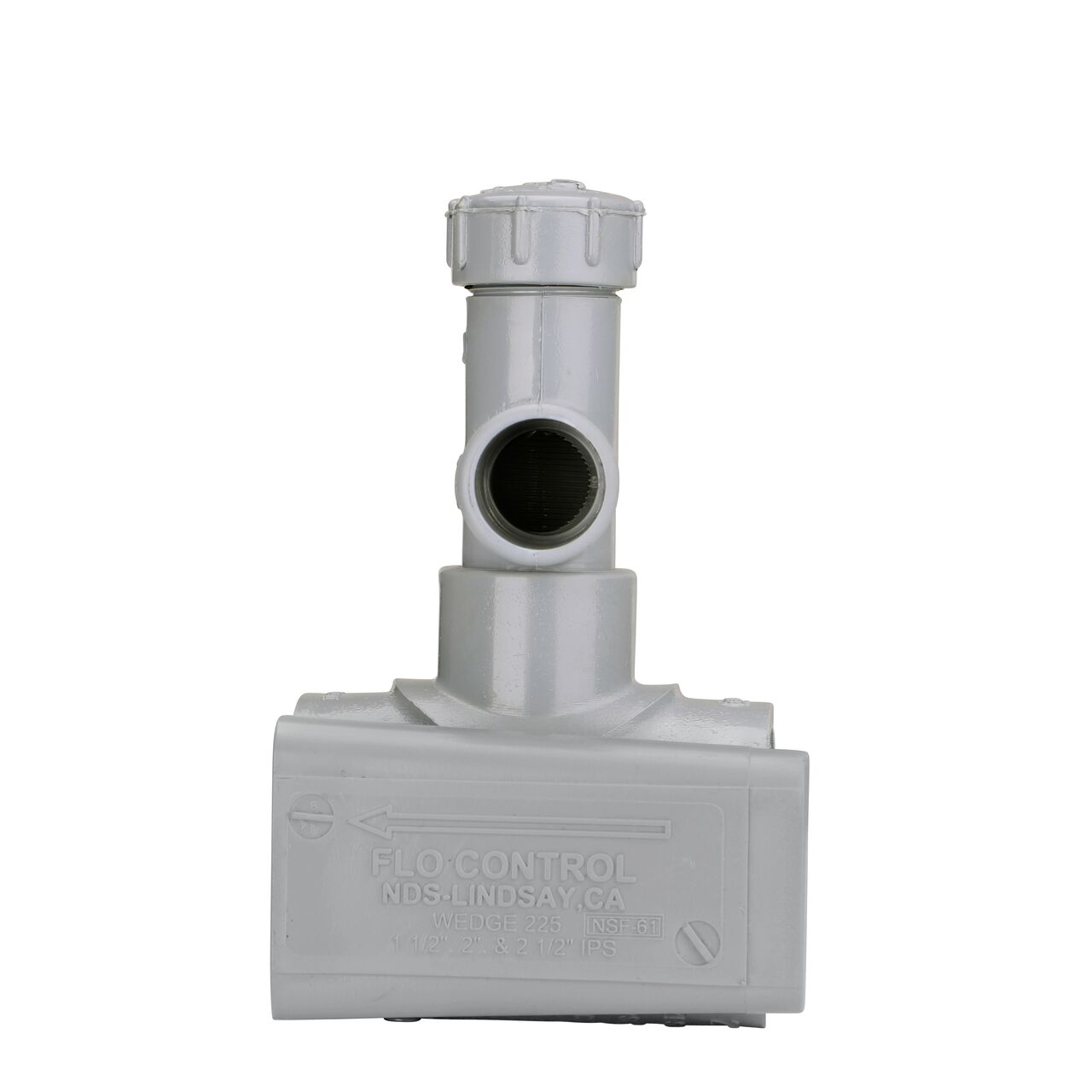 Side view showing patented wedge design and water flow on the 2 in. NDS Flo-Tap™ Rigid PVC Saddle with a 3/4 in. Socket or 1 in. spigot connection on top (NDS 3120)