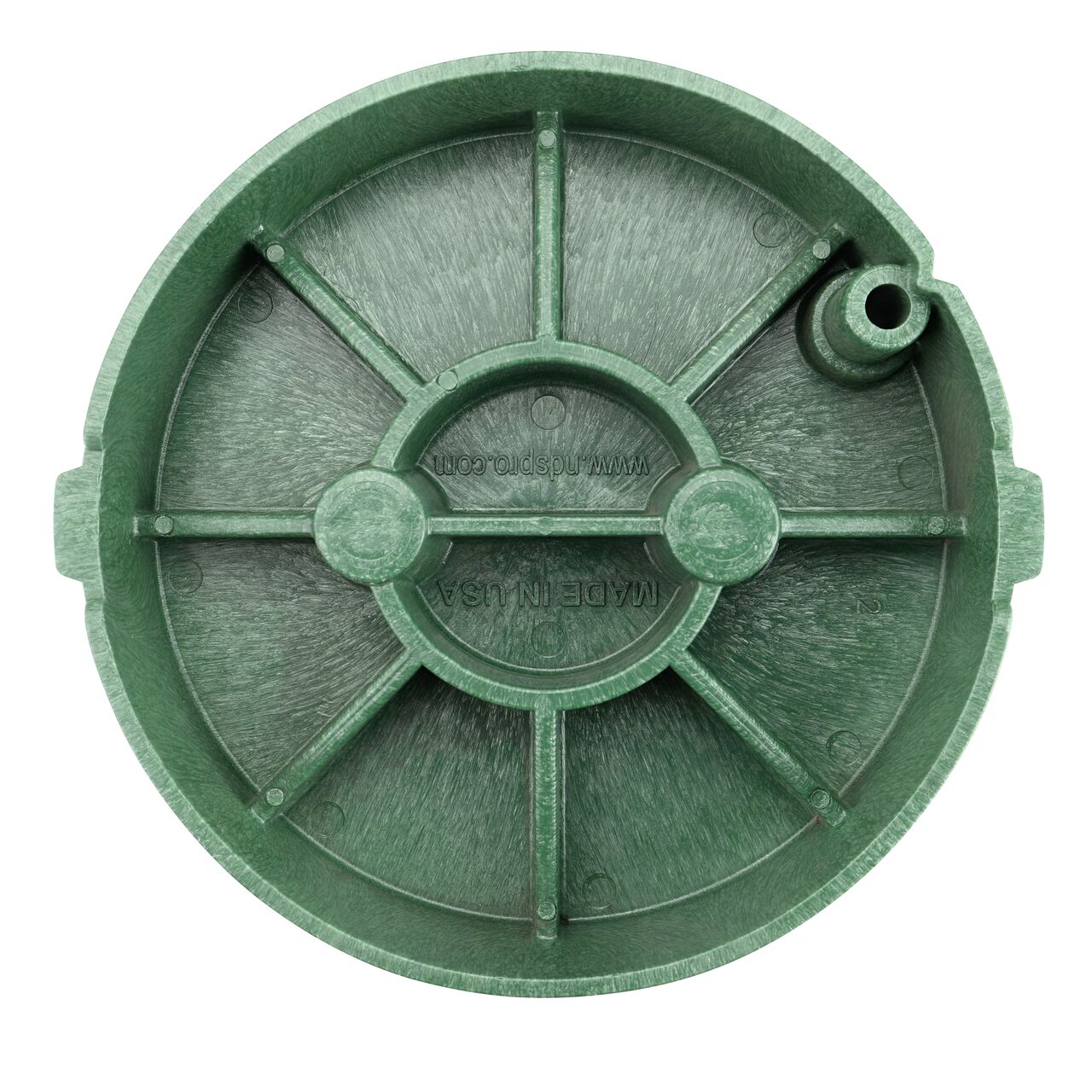 Top down view of the underside side of the Green Reclaimed Water cover for the NDS 10 in. Round Pro-Spec® Series (NDS 312BCRG) showing reinforcing ribs that are load rated to withstand pedestrian traffic and the rigors of lawn care equipment