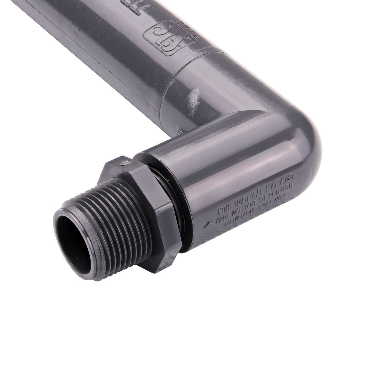 Closeup view of the 3/4 in. MPT end on NDS PVC Triple Swing Joints Assembly that connects to the FPT sprinkler connection point perfect for landscape sprinkler installation (NDS TSA-0750-TT)