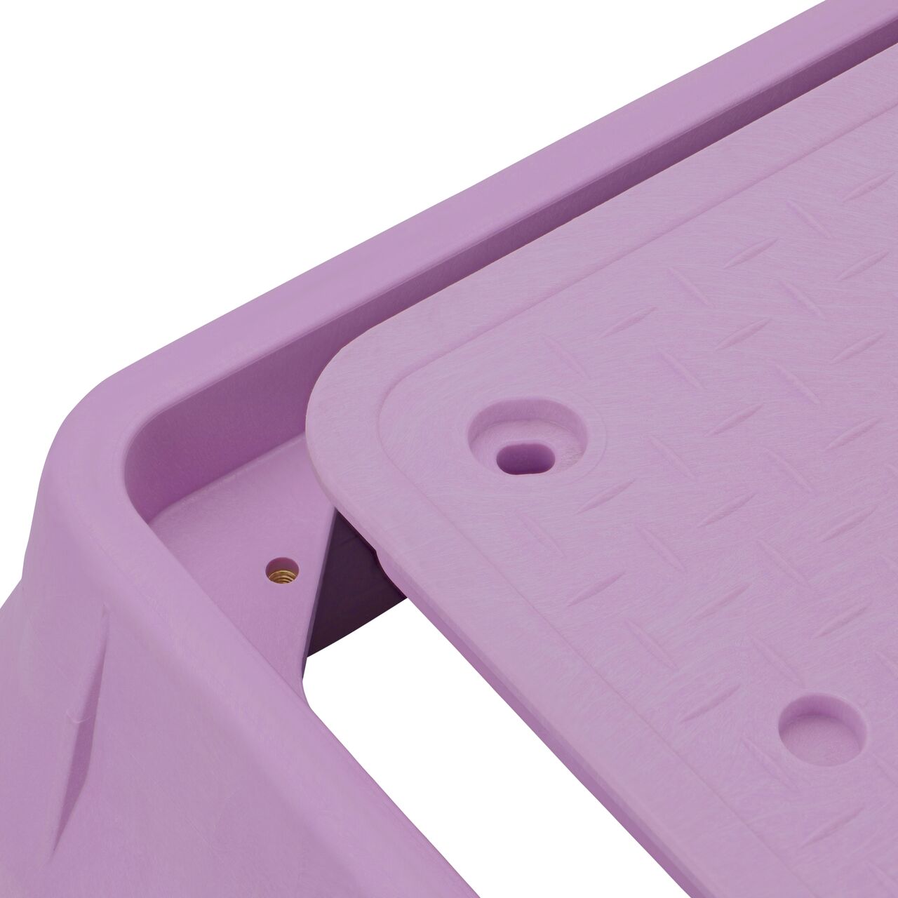 Align the bolt hole on the lid with the bolt hole from the NDS 17 in. X 30 in. Rectangular Pro-Spec® Series Purple Box and Purple Water Cover (NDS 326PBCBR) for a secure fit