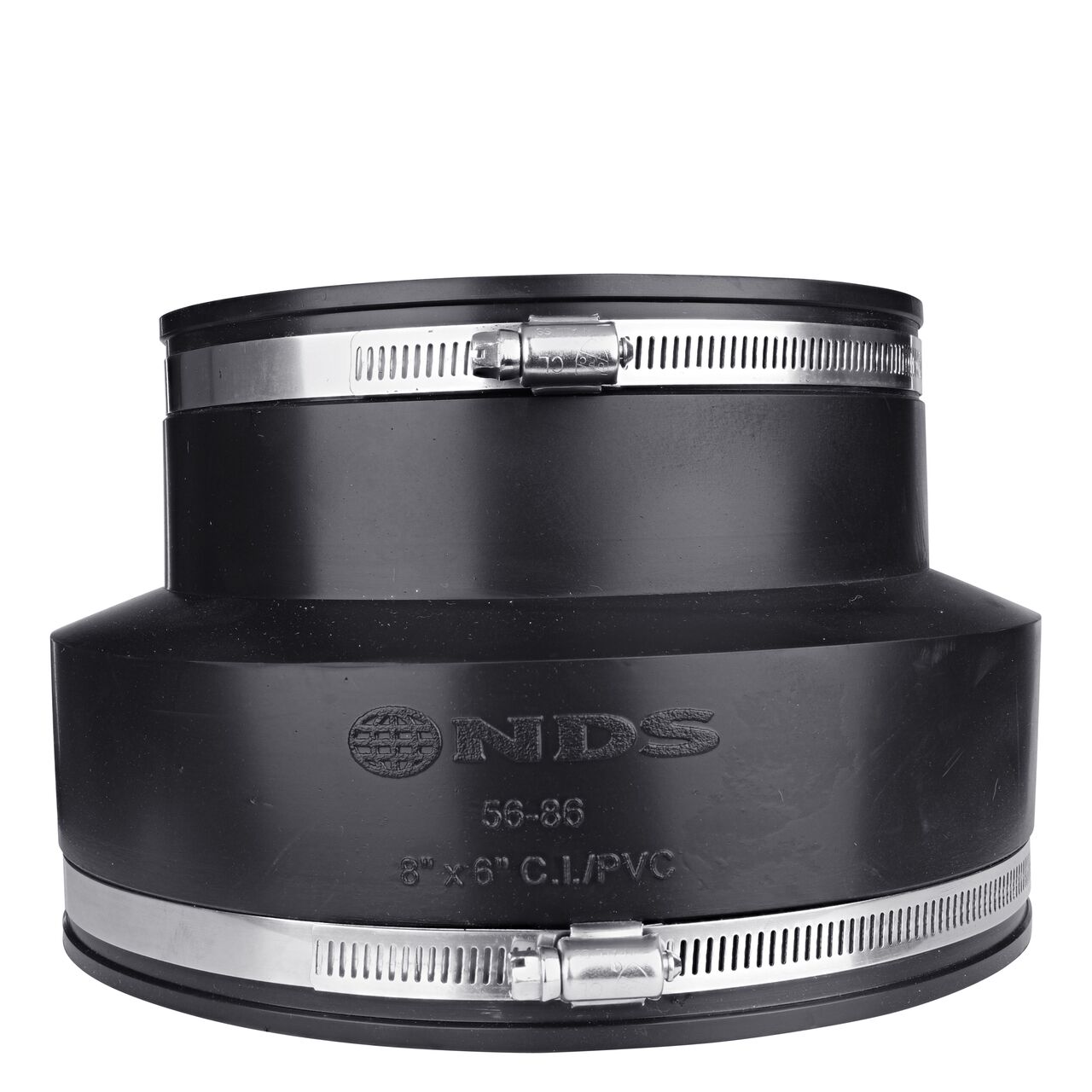 The NDS 8 in. X 6 in. flex coupling, in vertical position, connects two cast iron/sewer and drain or DWV/copper/steel/lead pipes and provides leak-resistant seals with virtually any pipe (NDS 56-86)