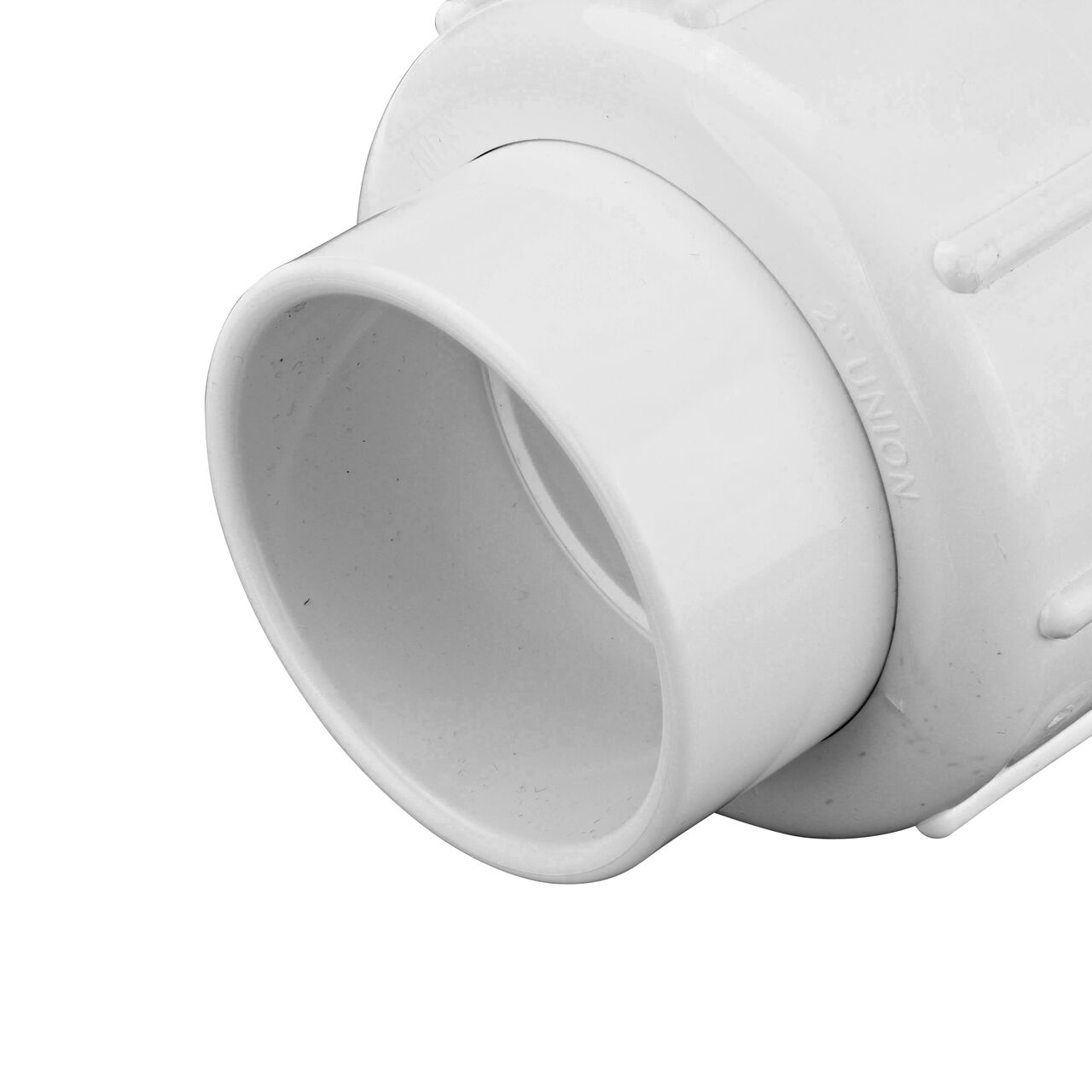 Closeup of the union inlet end of the NDS White 2 in, IPS U X U Checkmate PVC Swing Check and Ball Valve Combination (NDS 2200-20TU)