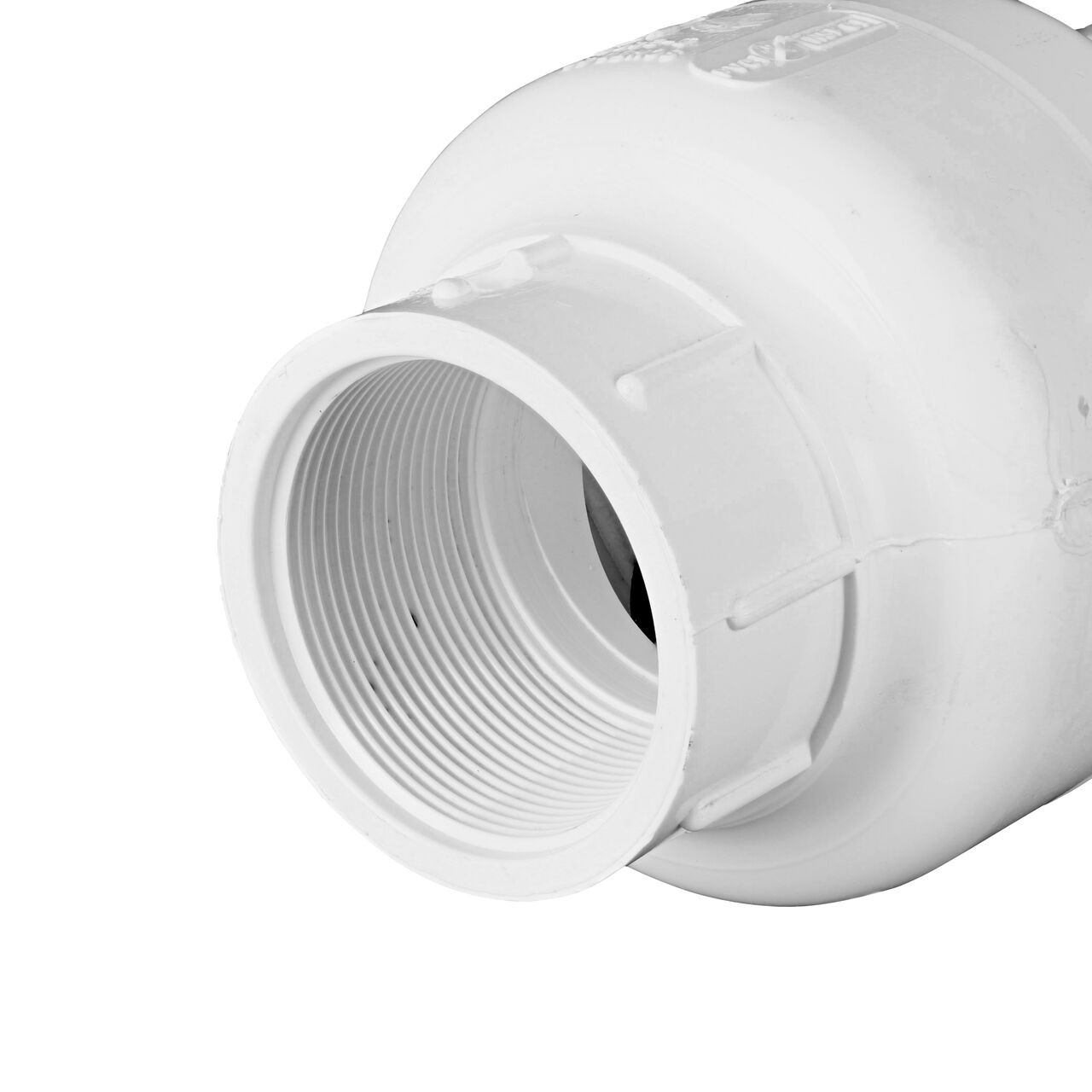 Closeup of the inlet end of the NDS White 2 in. slip end by slip end with Viton™ O-Ring PVC Swing Check Valve (NDS 1520V20) which prevents backflow in pipelines