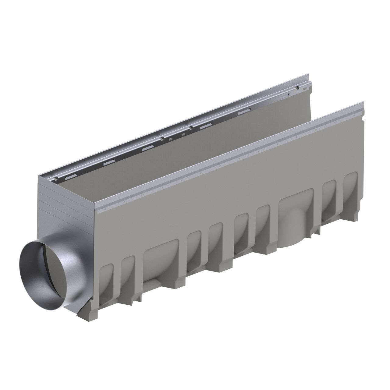 The galvanized steel BG-FILCOTEN® by NDS® 200 Trench Drain End Outlet (NDS 19020216) installed on the female interlocking end of the deep 8 in. BG-FILCOTEN® pro V 200 Trench Drain with Galvanized Steel Rails