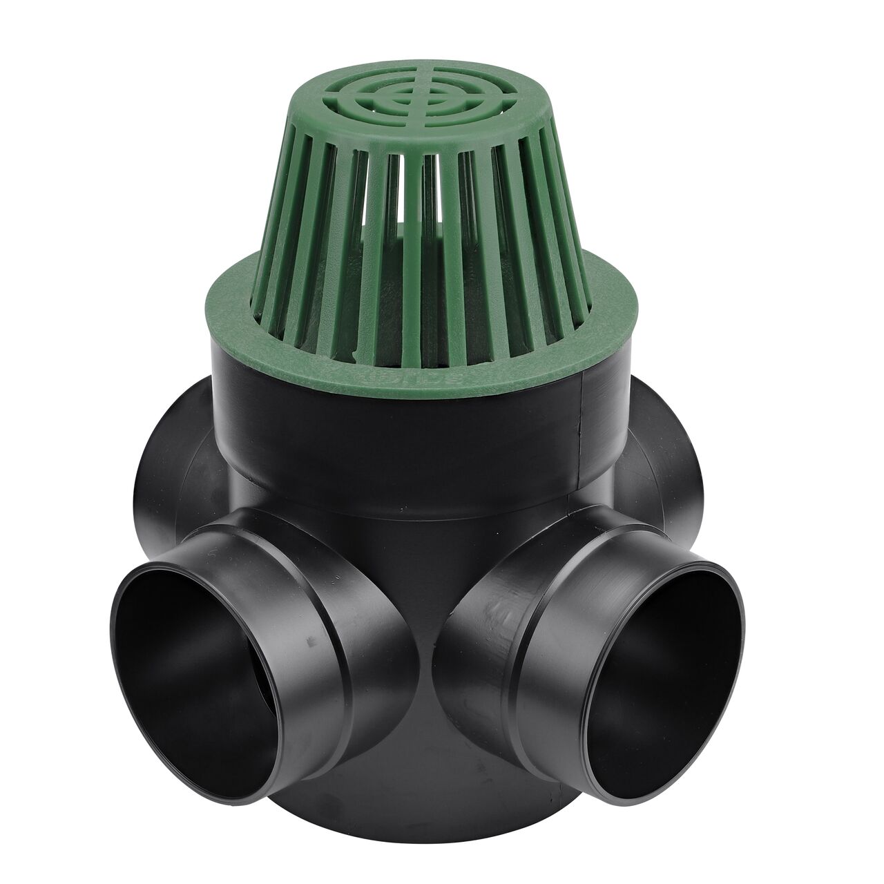 NDS Green Plastic 6 in. Atrum Grate (NDS 80) installed to a double outlet Spee-D Basin (NDS 350)
