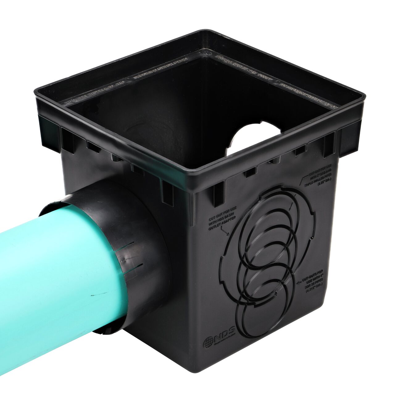 Outlet adapter for 6 in. pipe (NDS 1266) on a 12 in. Catch Basin Drain (NDS 1200) with 6 in. S&D pipe