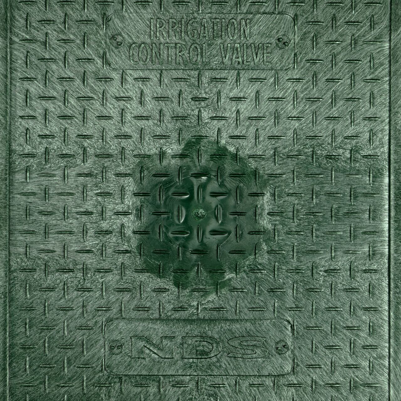 Closeup view of the Irrigation Control Valve markings on the Green Irrigation Control Valve cover for the NDS 14 in. X 19 in. Rectangular Standard Series Valve Box (NDS 116TBC)