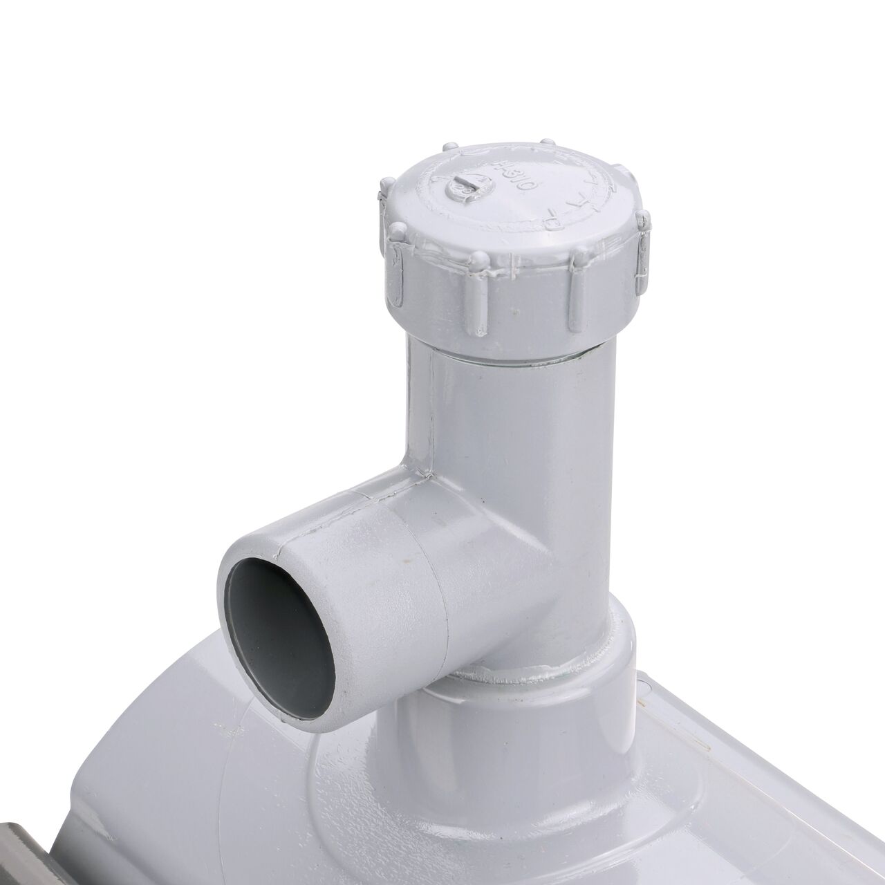 Closeup view of the 3/4 in. socket or 1 in. spigot hot/wet tap connection point on the 4 in. NDS Flo-Tap™ Rigid PVC saddle with 3/4 in. socket or 1 in. spigot (NDS 3140)