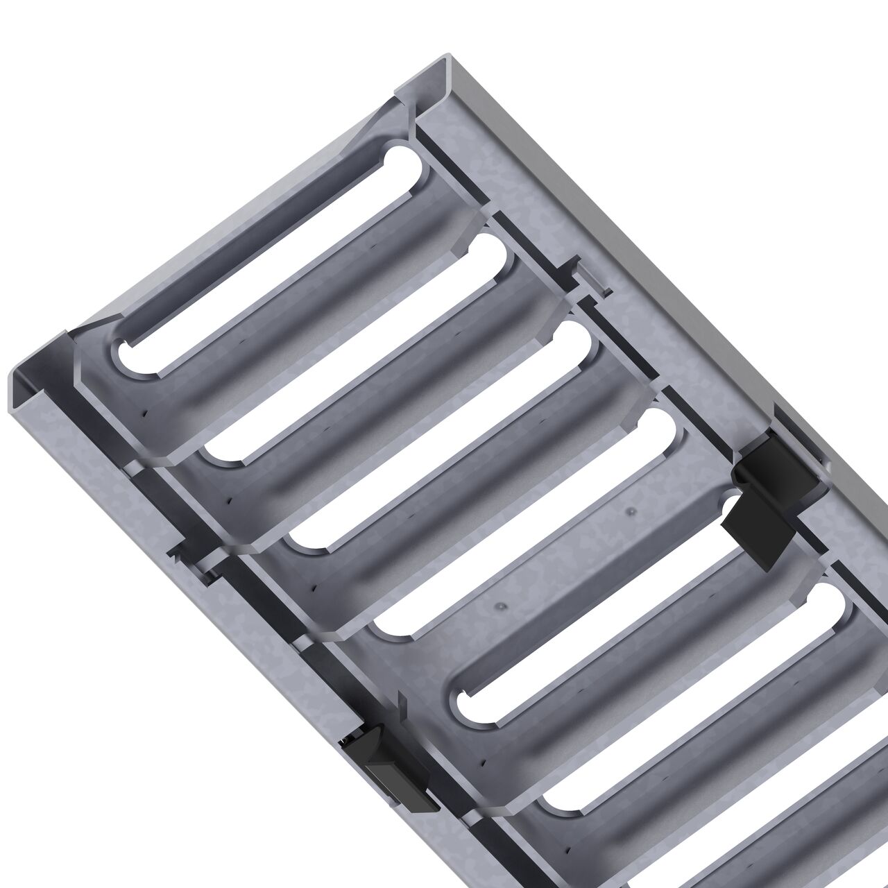 Underside of the class C slotted galvanized steel BG-FILCOTEN® 100 Trench Drain Grate (NDS 17010207) showing part number, support legs, and secure clips