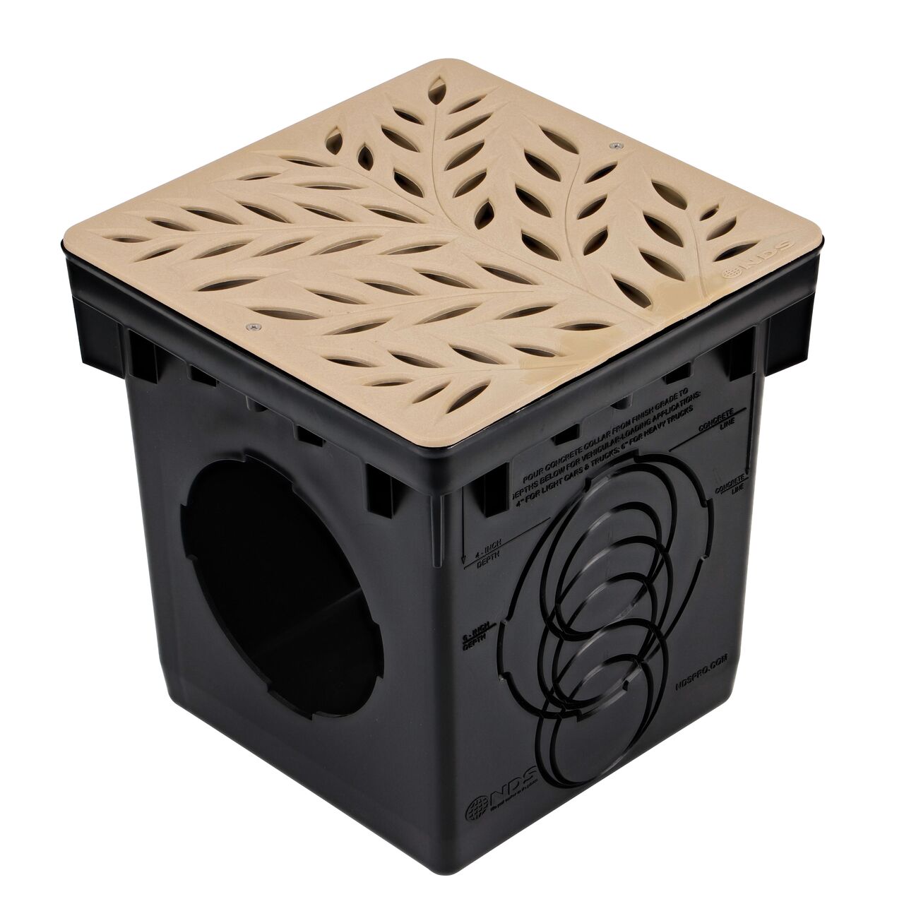 Alternate shot of NDS 12 in. Square Catch Basin Drain Grate, Decorative Botanical Design, Sand Plastic (NDS 1218S) installed on a 12 in. Catch Basin Drain with 2 openings (NDS 1200)