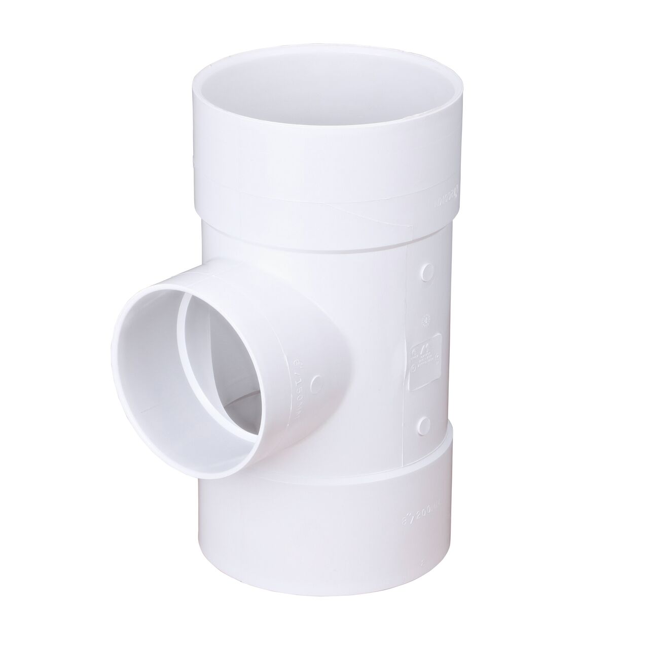 PVC tee for Sewer and Drain pipes; 8 in. Hub X Hub X 6 in. Hub connection (NDS 86P01)