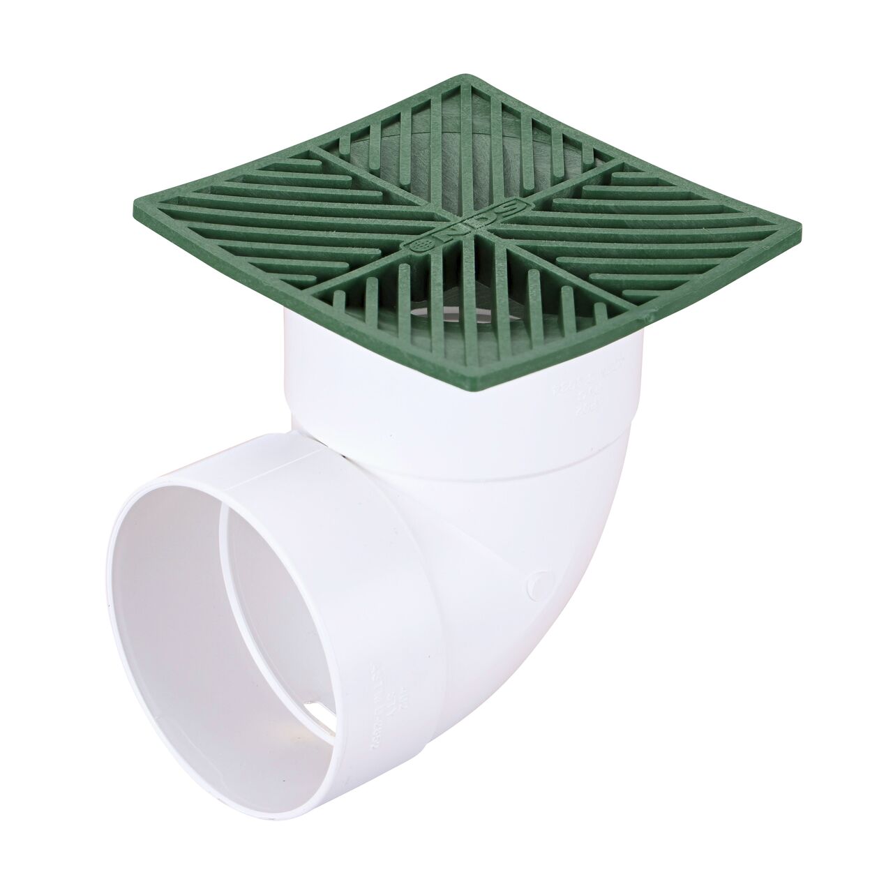 NDS 6 in. Square Grate installed on 4 in. Sewer and Drain Fitting, or Elbow (NDS 5*, NDS 5)