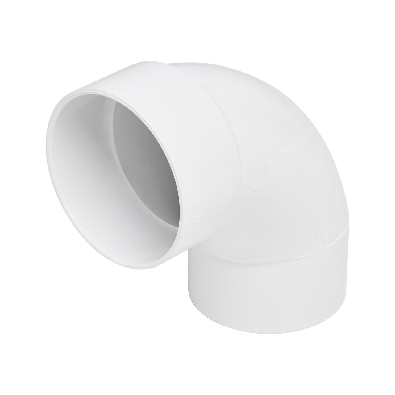 The NDS 3 in. PVC 90° long-turn street elbow standing on the spigot end of the fitting, showing the hub end standing up facing the camera (NDS 31P0ST)