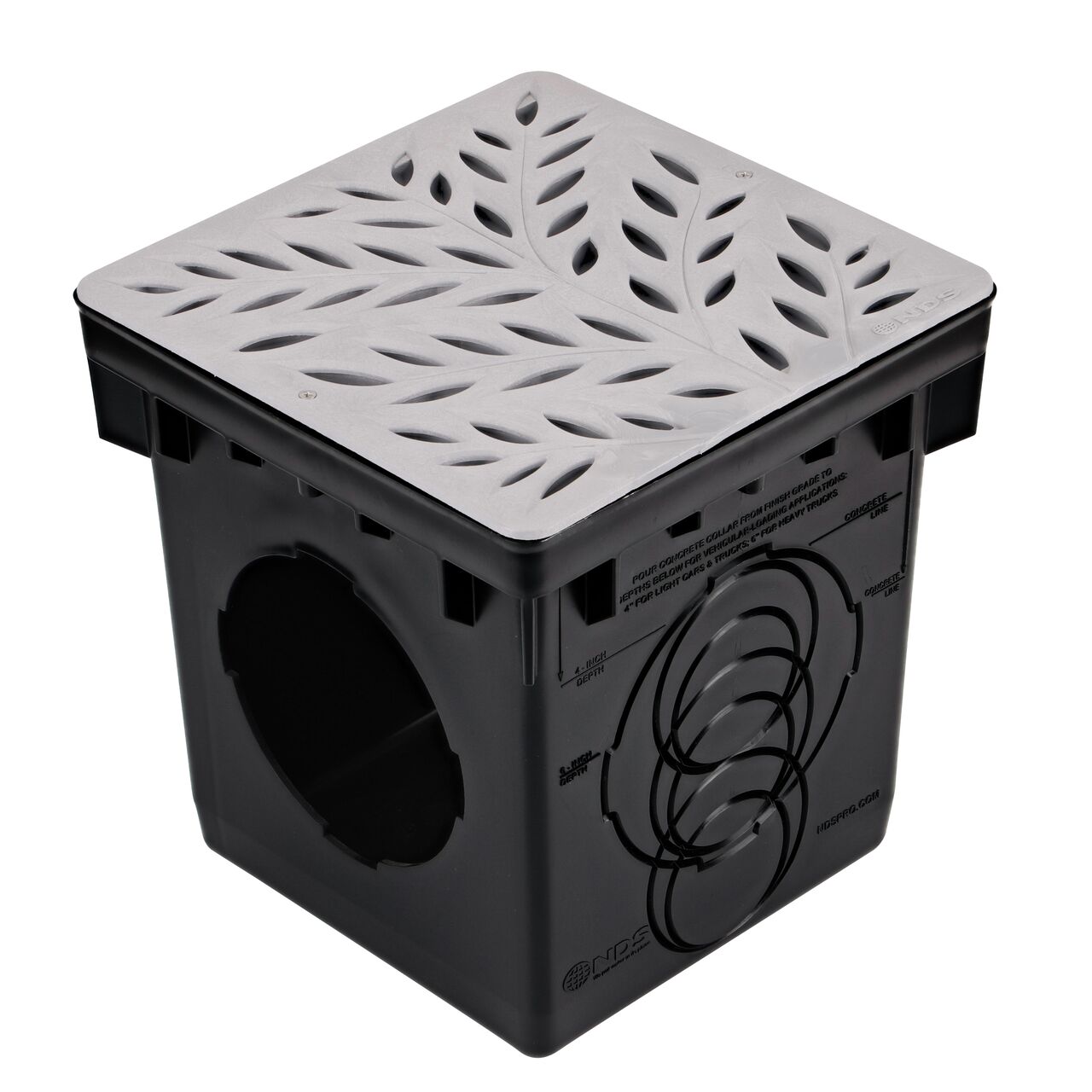 Alternate shot of NDS 12 in. Square Catch Basin Drain Grate, Decorative Botanical Design, Gray Plastic (NDS 1218GY) installed on a 12 in. Catch Basin Drain with 2 openings (NDS 1200)