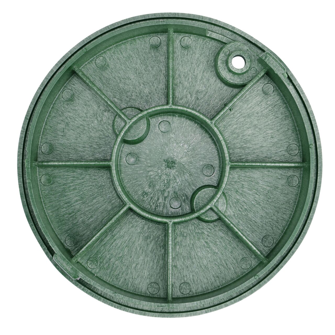 Top down view of the underside side of the green electrical cover for the NDS 10 in. Round Standard Series (NDS 112BCE) showing reinforcing ribs that are load rated to withstand pedestrian traffic and the rigors of lawn care equipment