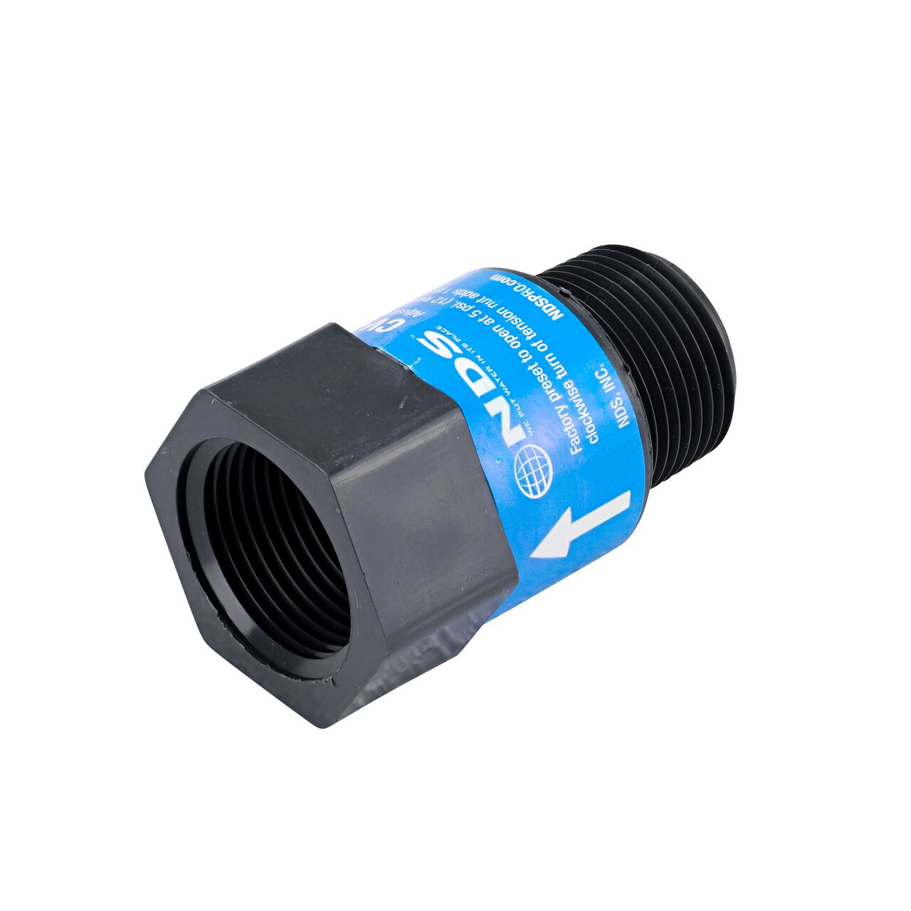 The female end of the NDS Gray 1 in. IPS MPT X FPT PVC Adjustable Inline Spring Check Valve (NDS CV-1000-MF) does not have the nut on end