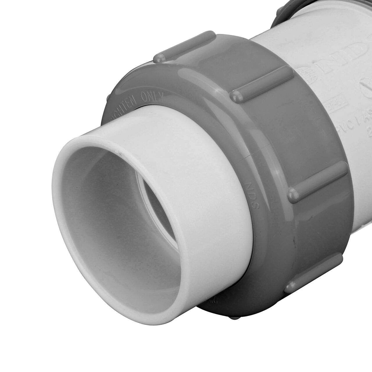 Closeup of one connection end of the NDS 2 in. IPS slip by slip PVC Compact True Union Spring Check Valve (NDS 1790-20)