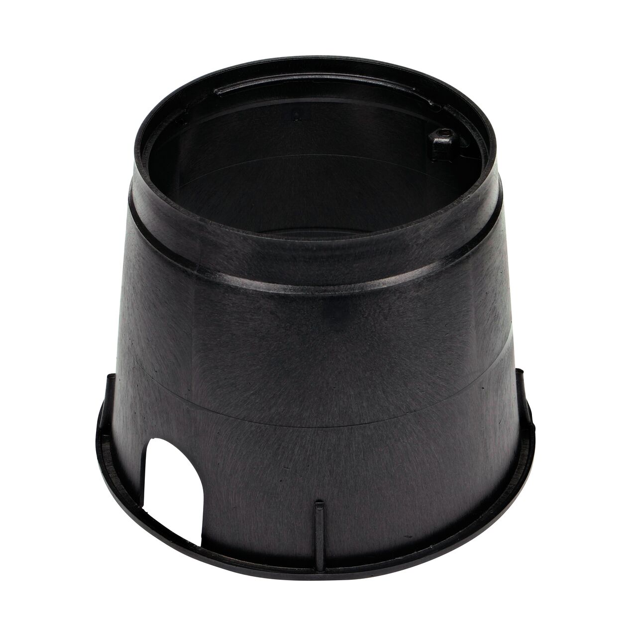 Alternate View of the Black 10 in. Round Valve Box no lid; which conceals and protects irrigation components (NDS 111BC)