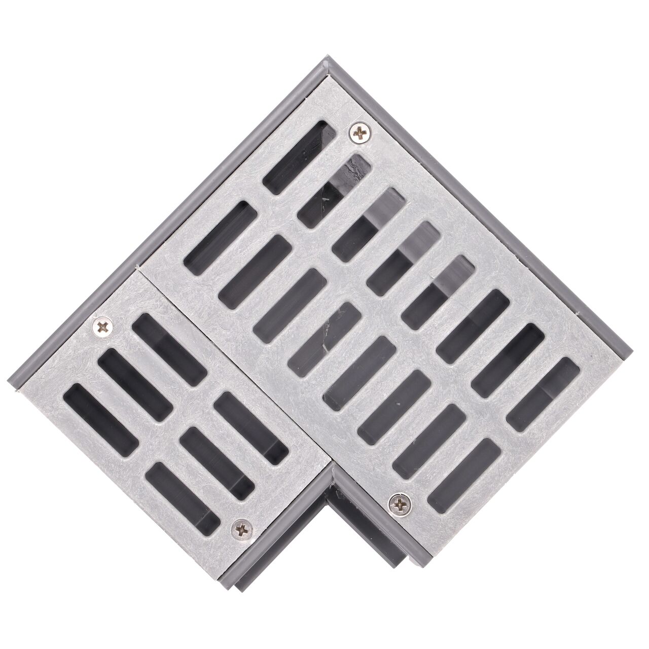 Top down view of the NDS Gray Mini Channel™ Drain 90 Degree Elbow and Grate showing grate design (NDS 5380)
