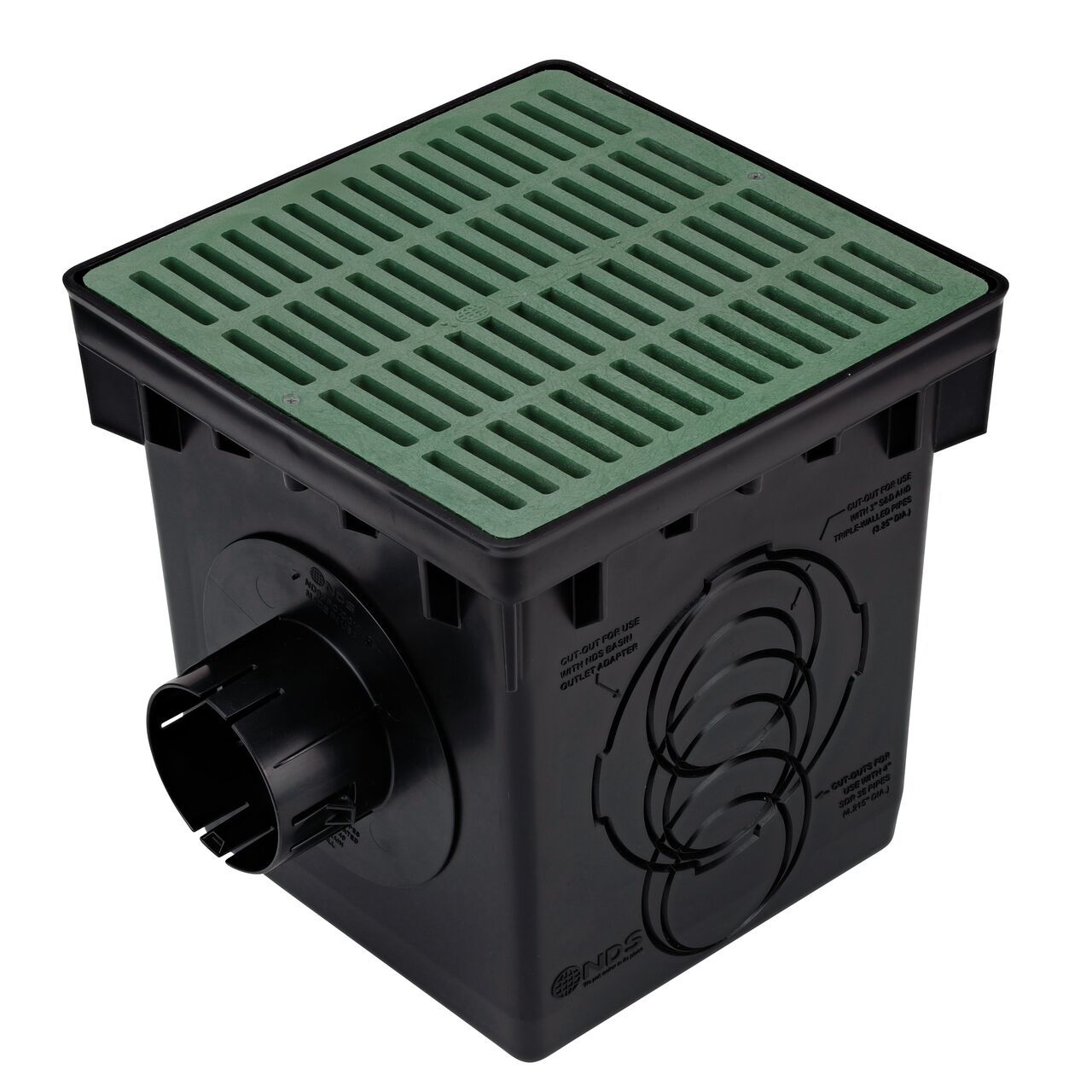NDS black plastic 12 in. Catch Basin Drain Kit with green grate (NDS 1200GRKIT) drains water as it blocks pipe-clogging debris